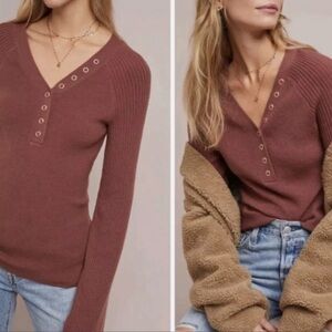 Anthropologie Moth Womens Outpost Henley Sweater Ribbed Flare Long Sleeve Small